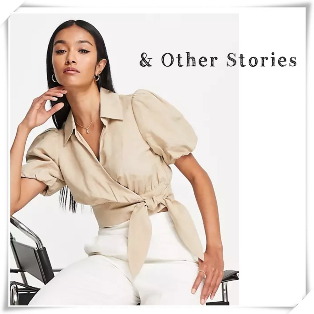& Other Stories Puff Short Sleeves Wrap Top in Beige Size 6